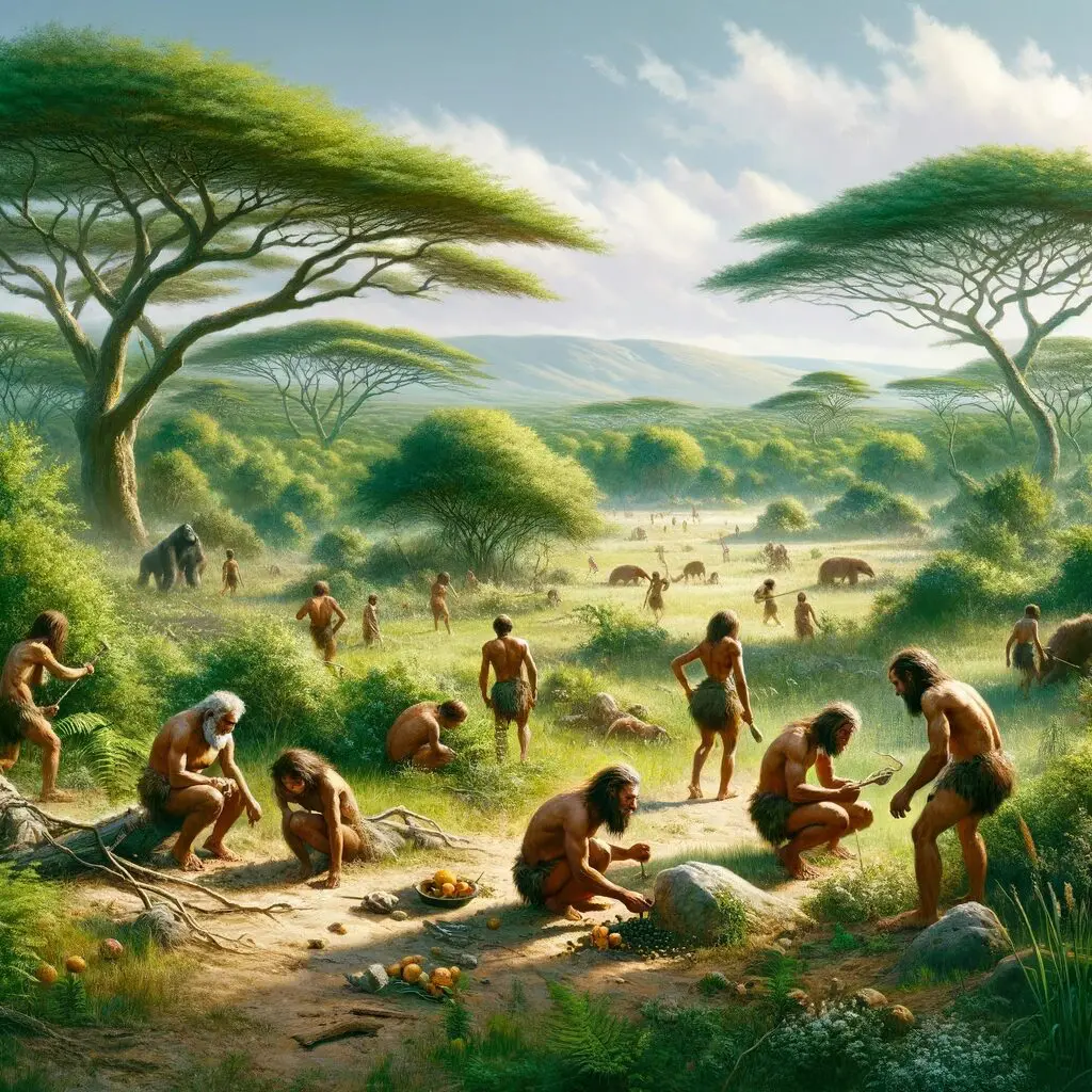 A painting of people in the wild eating.