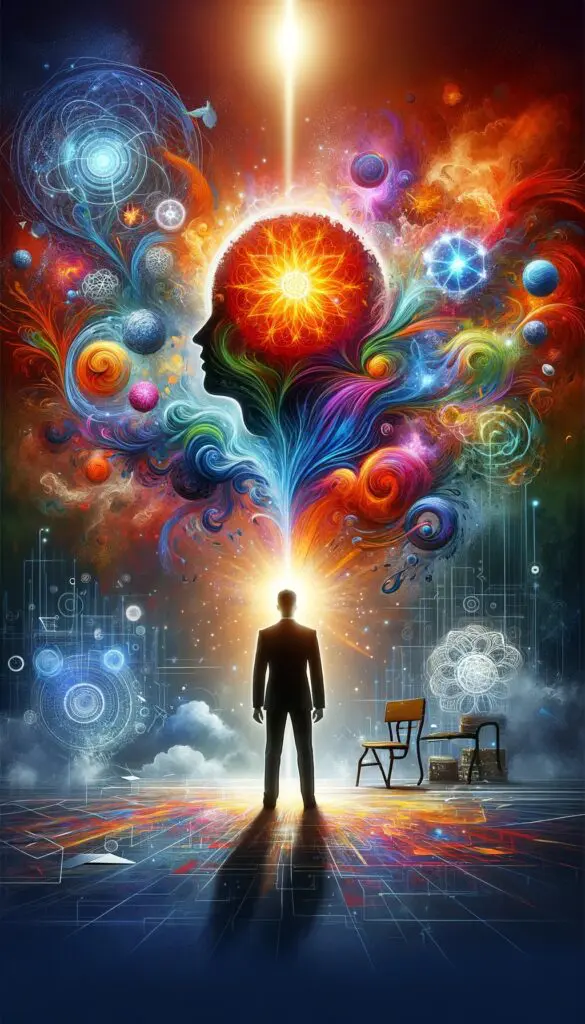 A man standing in front of a colorful painting.