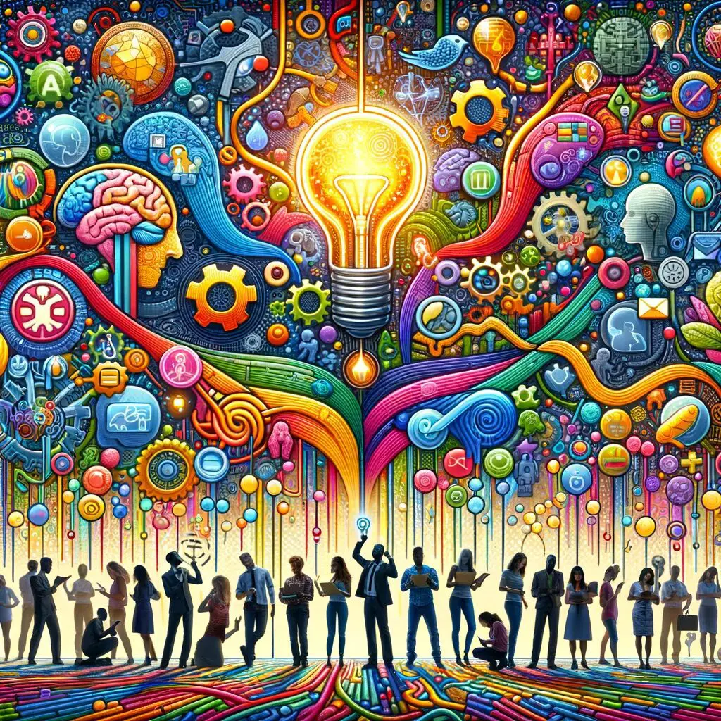 A group of people standing in front of a colorful painting.