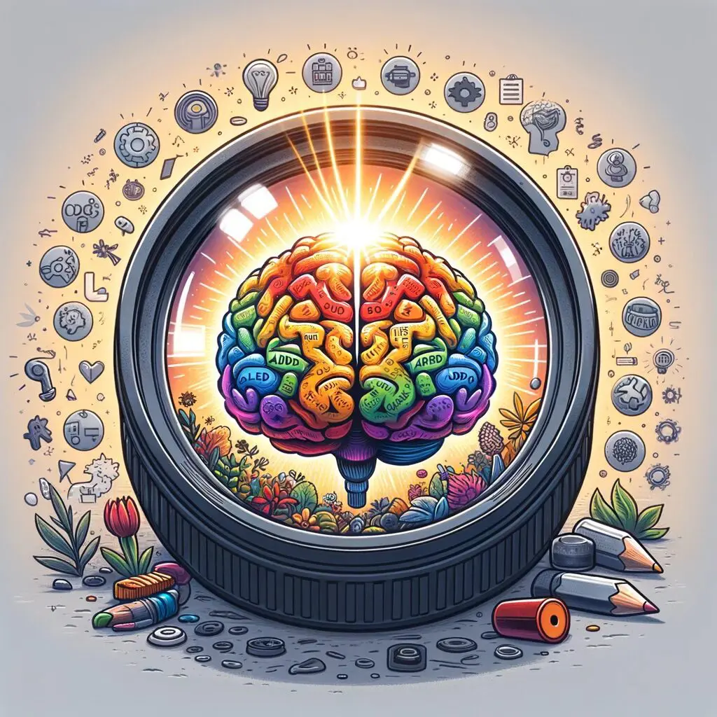 A magnifying glass with a colorful brain inside of it.