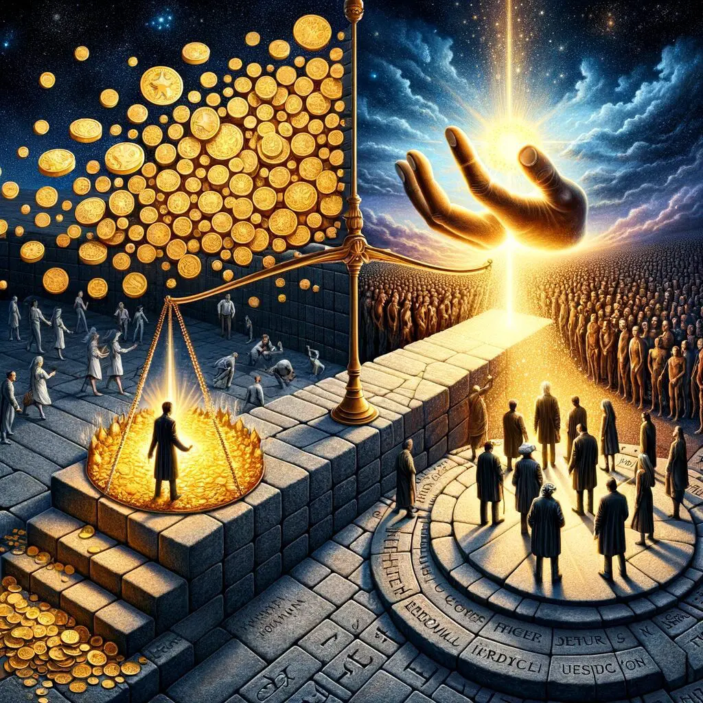 A painting of people standing around a crowd